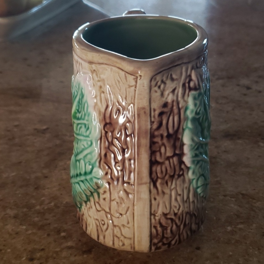 Antique Majoica Begonia Fern Leaf Rustic Tree Bark Planter Vase, Decor Pitcher - Picture 3 of 16